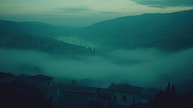 Ethereal landscape obscured by a thick blanket of fog in the valley shrouded in mystical - Powered by Adobe