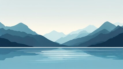 Serene Mountainscape Reflection: Minimalist Blue Landscape with Calm Lake