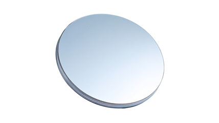 Circular, reflective, light gray disc.  A smooth, round,  optical element, possibly a lens or mirror.  Slightly elevated edge