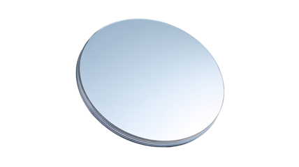 Circular, reflective, light gray disc.  A smooth, round,  optical element, possibly a lens or mirror.  Slightly elevated edge