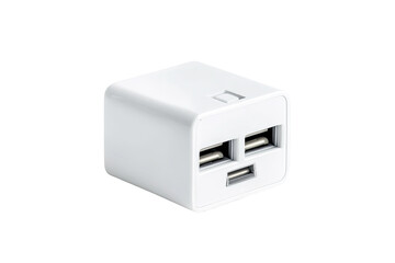 White square power adapter with multiple USB ports.  Small, cube-shaped,  and seemingly  designed for portability.  Features two USB-A ports and one USB-C port.  Clean lines and simple design