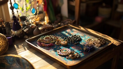 Intricate handmade jewelry collection displayed on an ornate tray illuminated by sunlight with