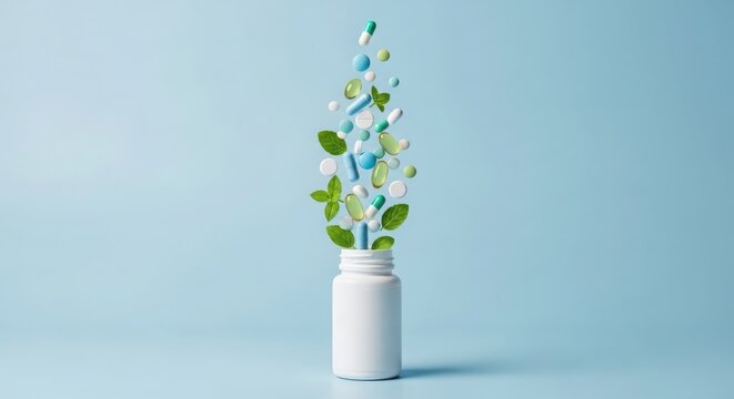 White bottle with assorted green and blue pills and leaves exploding upwards on blue background