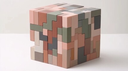 Abstract geometric cube composed of interlocking pieces in soft muted color tones