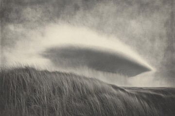 A dramatic monochrome landscape featuring a large, ominous cloud formation over tall grass, suggesting a powerful storm approaching.