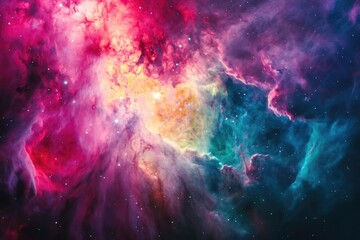 A vibrant nebula showcasing cosmic dust and gas clouds in shades of pink, teal, and gold, speckled with stars.
