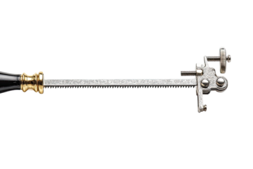 Metal woodworking tool with a long, straight shaft and adjustable head.  Black handle, brass accents.  Precise,  machined components