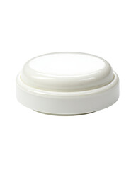 Round, off-white light fixture.  Circular, simple design.  Smooth surface.  Compact form