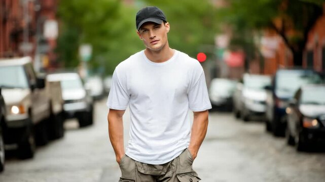 Young man in plain white t-shirt and black cap walking casually on a city street, natural photography style, blurred cars and trees in background