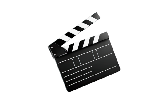 Black and white movie clapperboard, 3D style, isolated on black