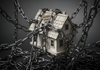 Model house tightly bound by heavy metal chains, symbolizing restriction and security