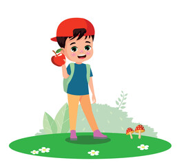 Happy Boy Holding a Red Apple in a Garden