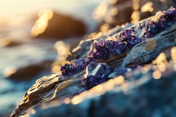 Amethyst crystals cluster on a sunlit rock near the ocean, showcasing their vibrant purple hues.