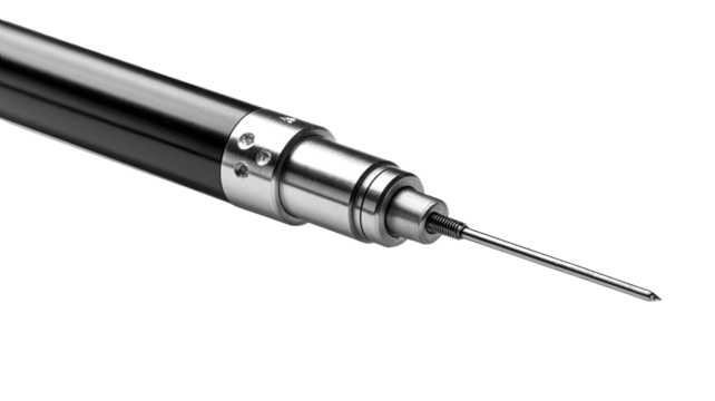 Close-up of a slender, high-tech instrument.  A metallic, pointed tip extends from a dark-colored, cylindrical shaft.  Small, textured circles adorn the shaft's middle section