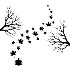 Vector art of autumn tree branches with falling leaves and pumpkin, a simple vector illustration of fall season