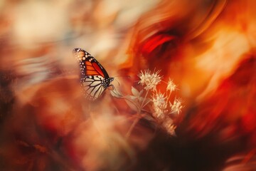 A monarch butterfly rests on delicate white flowers amidst a vibrant, blurred orange and red autumnal backdrop.