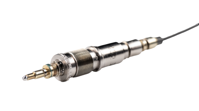 Close-up of a metallic precision instrument with a tapered design, featuring a small nozzle tip, multiple components, and a cable connector
