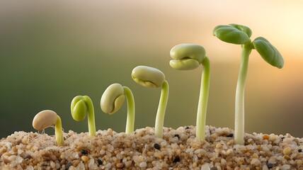Close-up of bean sprouts growing in sandy soil with morning sunlight and golden gradient background, symbolizing growth, agriculture, and natural development