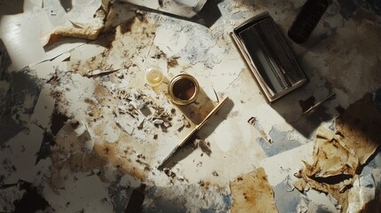 Vintage accessories scattered on distressed surface evoking nostalgic sentimentality with old