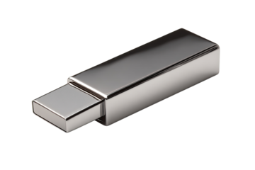 Metallic rectangular USB flash drive, angled view.  The drive is a polished silver/gray color,  with a slightly recessed USB connector