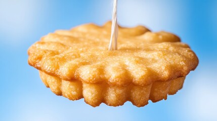 A close-up of a small, round, delicately baked tart against a vibrant, gradient blue backdrop