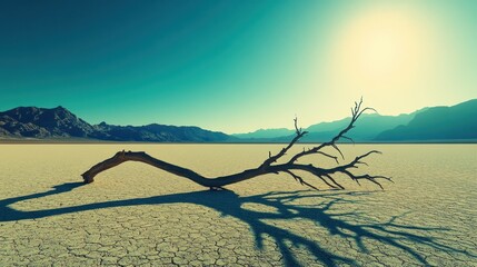 Desert landscape with cracked earth and dead tree branch under a clear sky scenic view