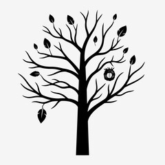 Naklejka premium Vector art of silhouette of a tree with leaves and a birdhouse, creating a simple and elegant natureinspired design