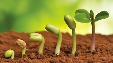 Close-up of germinating sprouts in clay soil with lime green and yellow gradient background, symbolizing freshness, renewal, and natural plant growth