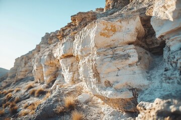 Arid landscape showcasing weathered, light-colored rock formations under a clear sky.