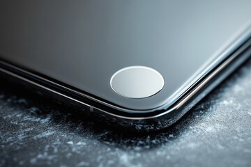 Close-up of a smartphone's fingerprint sensor, sleek design, dark background.