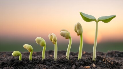 Macro bean sprouts in fibrous dark soil with aqua green gradient background, symbolizing freshness, botanical serenity, and sustainable natural growth