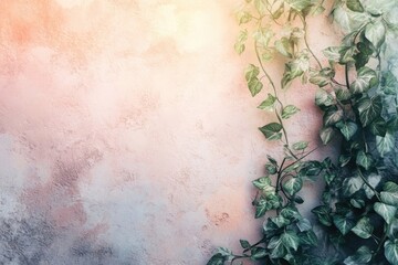 Ivy climbing a pastel pink wall, creating a serene and natural backdrop.