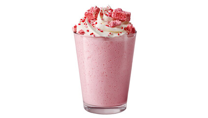 Pink milkshake topped with whipped cream and small, red-and-white treats