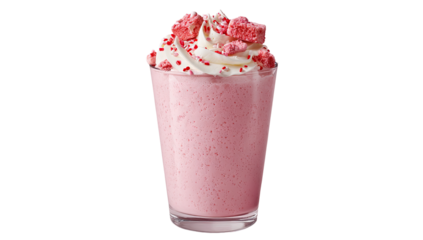 Pink milkshake topped with whipped cream and small, red-and-white treats