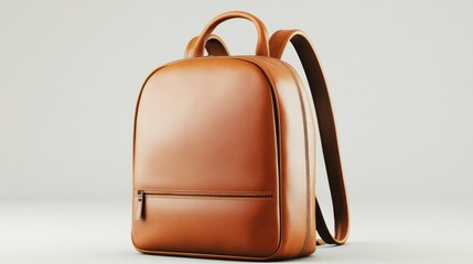 Elegant tan leather backpack against a neutral backdrop showcasing its sleek design and minimalist