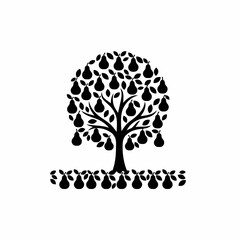 Vector art of silhouette of a pear tree laden with fruit, standing above a row of pears, creating a simple and elegant orchard scene