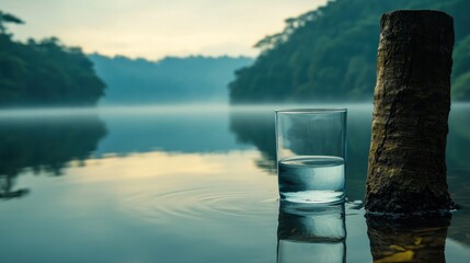 A tranquil water scene with a glass of water on a serene lake with tree trunk