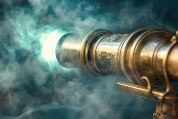 Antique brass telescope emitting ethereal smoke, suggesting exploration and discovery.