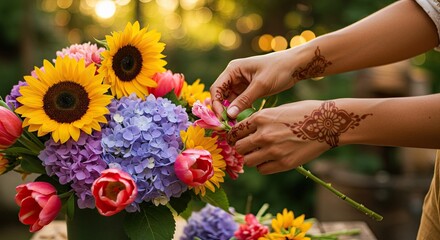 Woman Arranging Colorful Floral Bouquet with Mehndi Hand Tattoo Outdoor