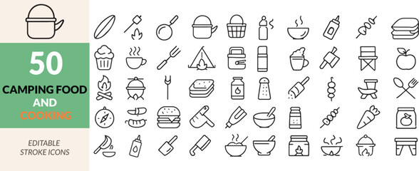 Set of Camping Food and Cooking Icons Editable Stroke Design with a Variety of Food and Camp Elements