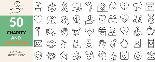 Diverse Charity and Donation Icons Emphasizing Support and Kindness Editable Stroke Icons for Web Design Projects and Generosity Concepts