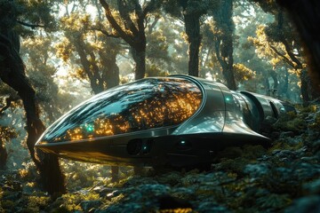 A futuristic spaceship, seemingly damaged, rests within a dense, sun-dappled forest.