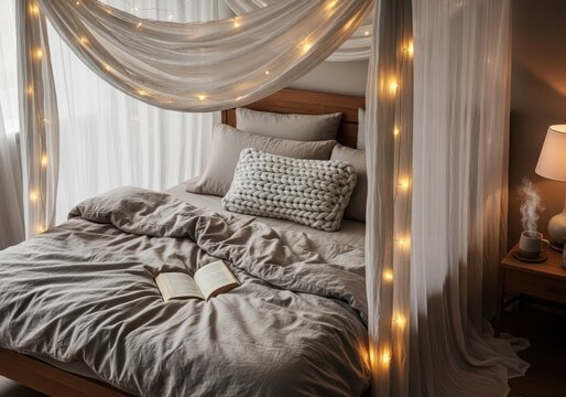 A cozy bedroom with a bed draped in fabric and illuminated by soft fairy lights - Powered by Adobe