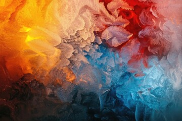Abstract frost patterns on a windowpane, illuminated with warm and cool colors creating a vibrant, artistic effect.