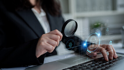 Cybersecurity system interface with biometric lock and data protection. Cybersecurity protects...