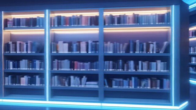 Futuristic Library Interior with Neon Lighting and Array of Books, Digital Illustration
