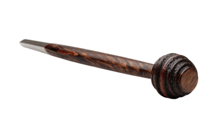 Wooden writing instrument, angled view.  Dark wood grain,  smooth,  rounded end