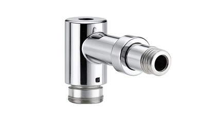 Polished chrome plumbing fitting with right-angle connection.  Features a circular body, two threaded connections, and a circular, recessed component at the corner