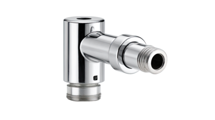 Polished chrome plumbing fitting with right-angle connection.  Features a circular body, two threaded connections, and a circular, recessed component at the corner