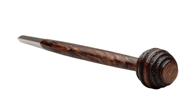 Wooden writing instrument, angled view.  Dark wood grain,  smooth,  rounded end